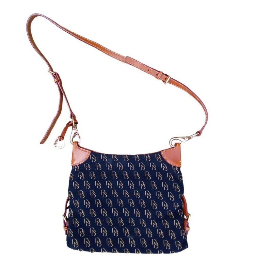 Dooney & Bourke Blue & Tan Monogram Canvas & Leather Shoulder Bag EUC - Picture 2 of 9